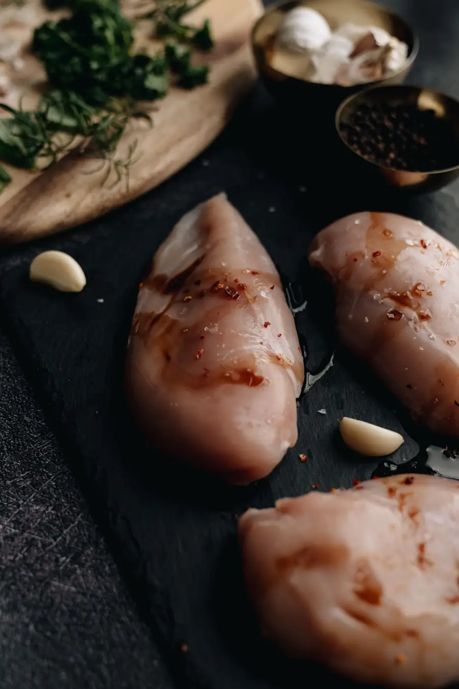 Raw chicken breasts on a slate board with garlic and herbs