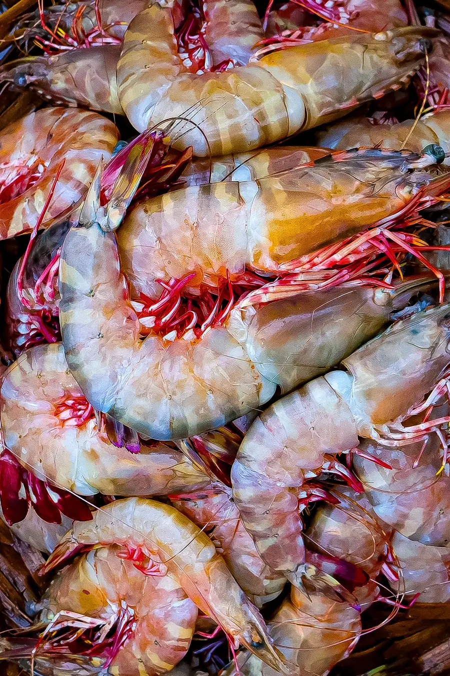 Whole prawns at a market — size and count vary widely between lots